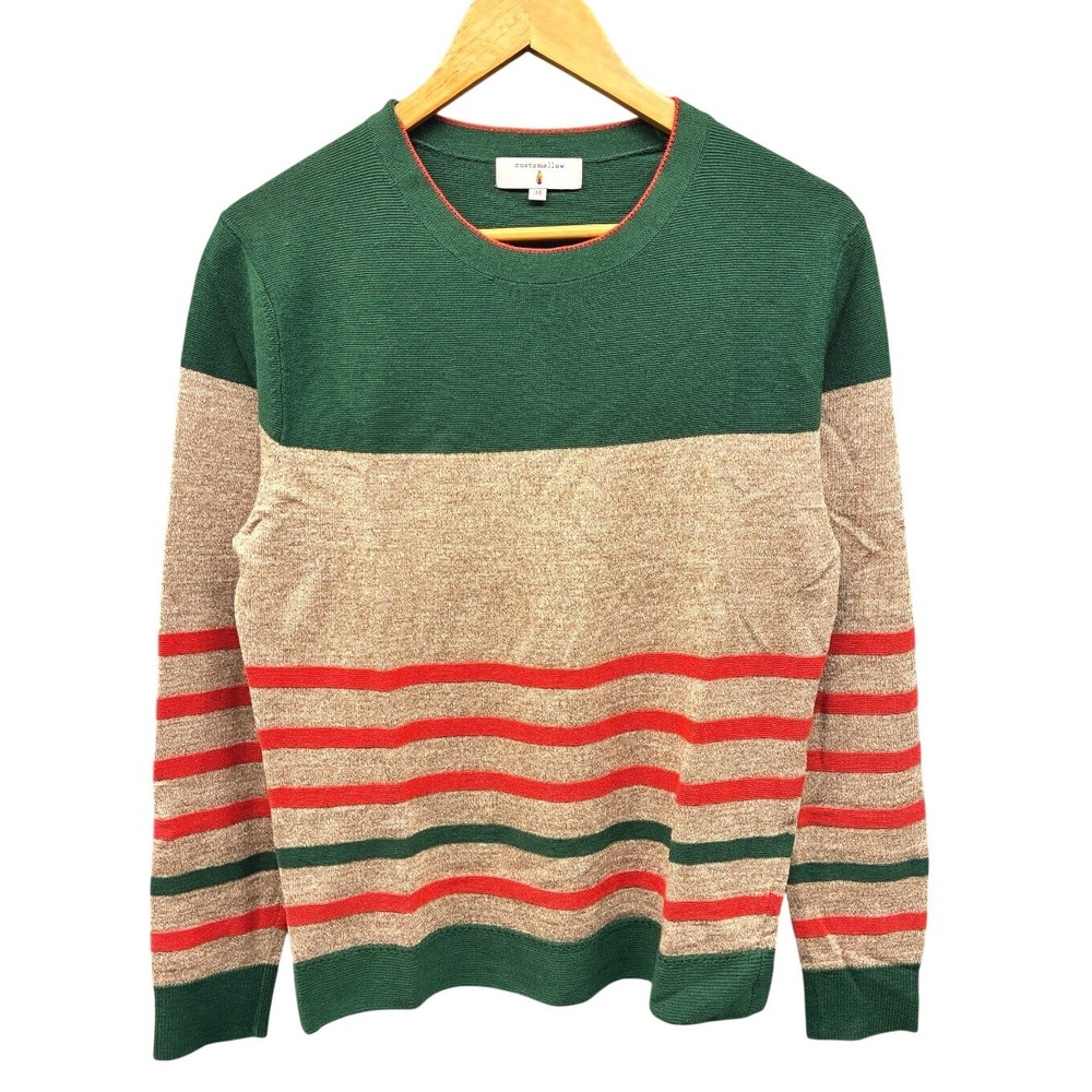 Customellow Sweater Men's Medium Green Tan Stripe Linen Pullover Korea Brand